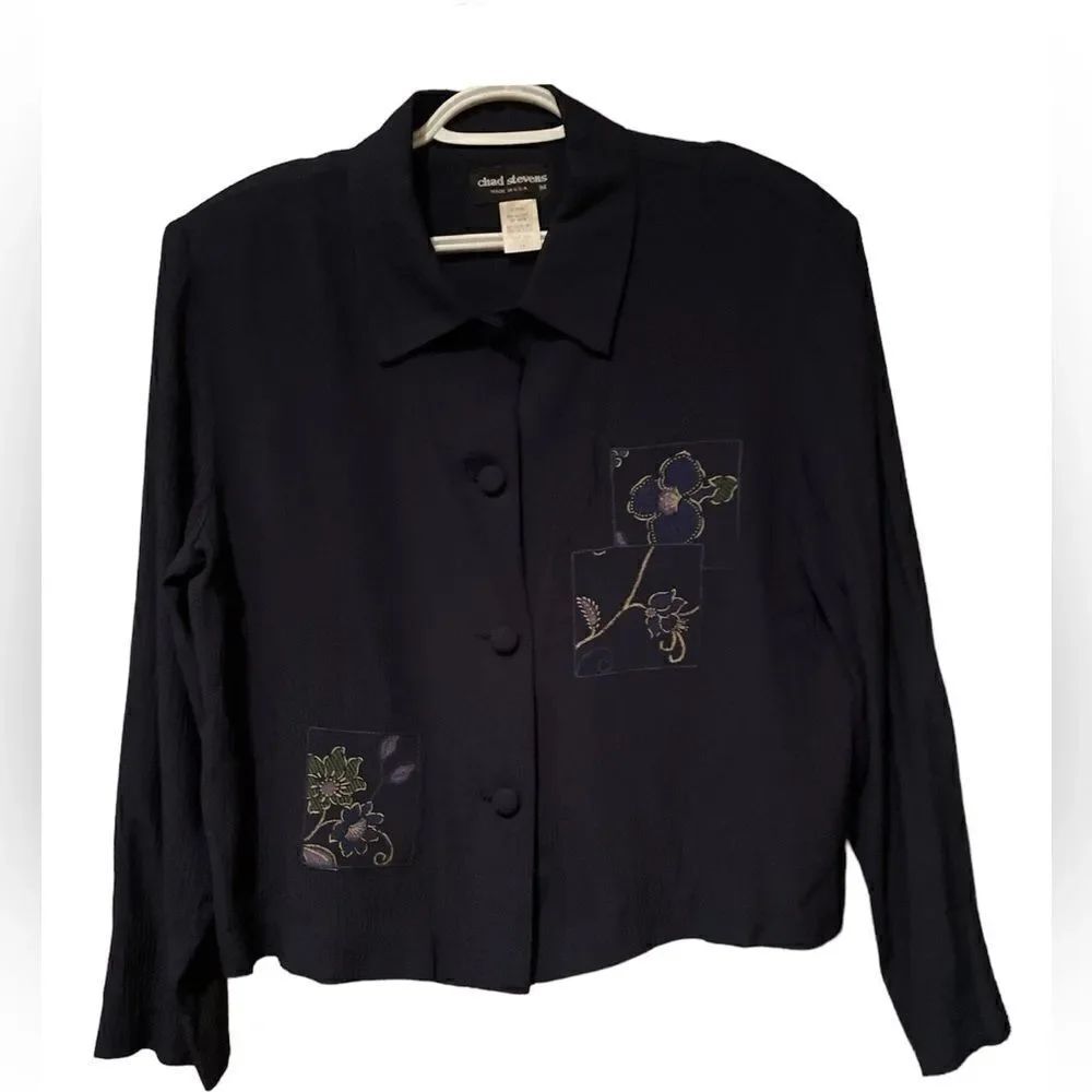 Chad Steven’s Vintage Embroidered Navy Blue Jacket Shirt Size 14 USA